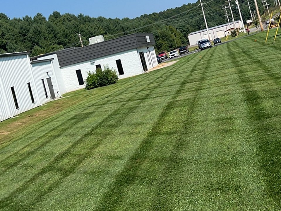 A large commercial lawn mowed in crisp, straight stripes by Cavalier Cleanup, beside a white building